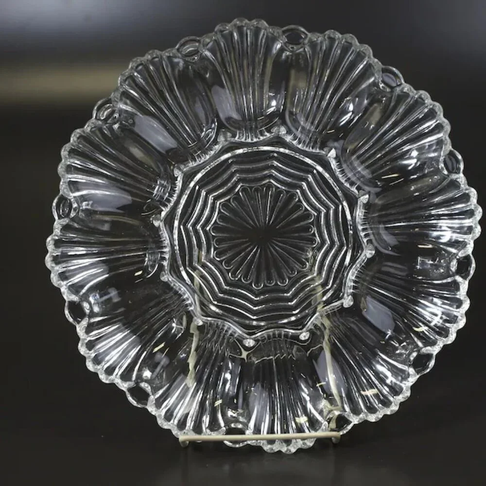 Clear Glass Deviled Egg Serving Tray Platter Anchor Hocking 896 Art Deco Vintage